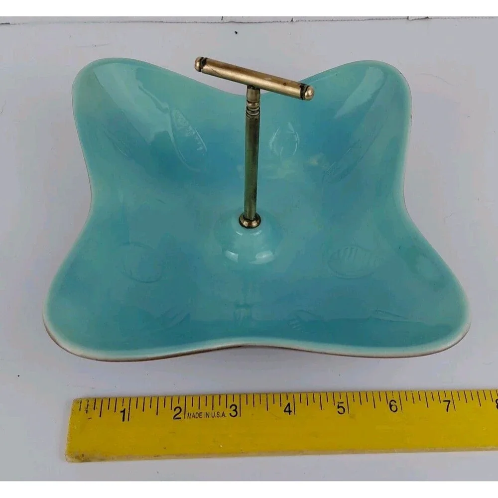 California USA Pottery Turquoise Candy Nut Dish Brass Handle 1950's Vtg Atomic